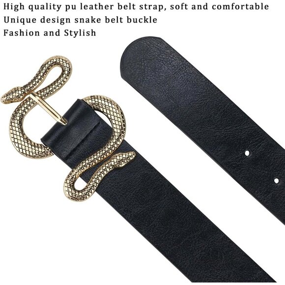 Women's Black Fashion Leather Belt For Dress With Snake Shape Buckle - Picture 4 of 6